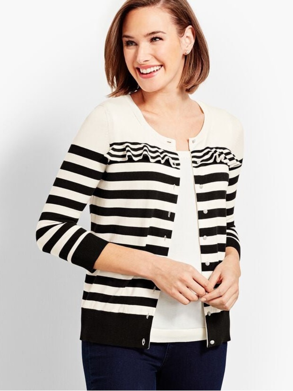 Talbots Ruffled Charming Cardigan Women’s Size L Stripe Crested Buttons Preppy
